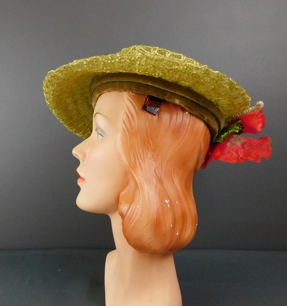 Vintage Sheer Green Raffia Hat with Large Back Fl… - image 6