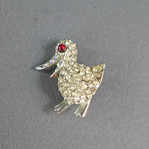 Vintage Rhinestone Duck Brooch Laughing with Round Belly and Red Eye, Costume Jewelry