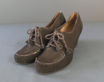 Vintage 1930s Dark Brown Suede Shoes, Oxfords, US size 6, Switzerland Bally
