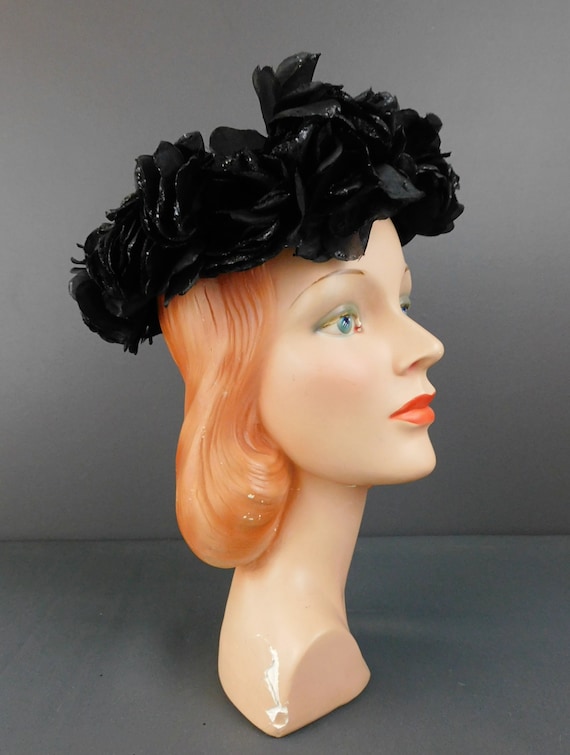 Vintage Black Velvet Hat with Glitter Flowers, 19… - image 3