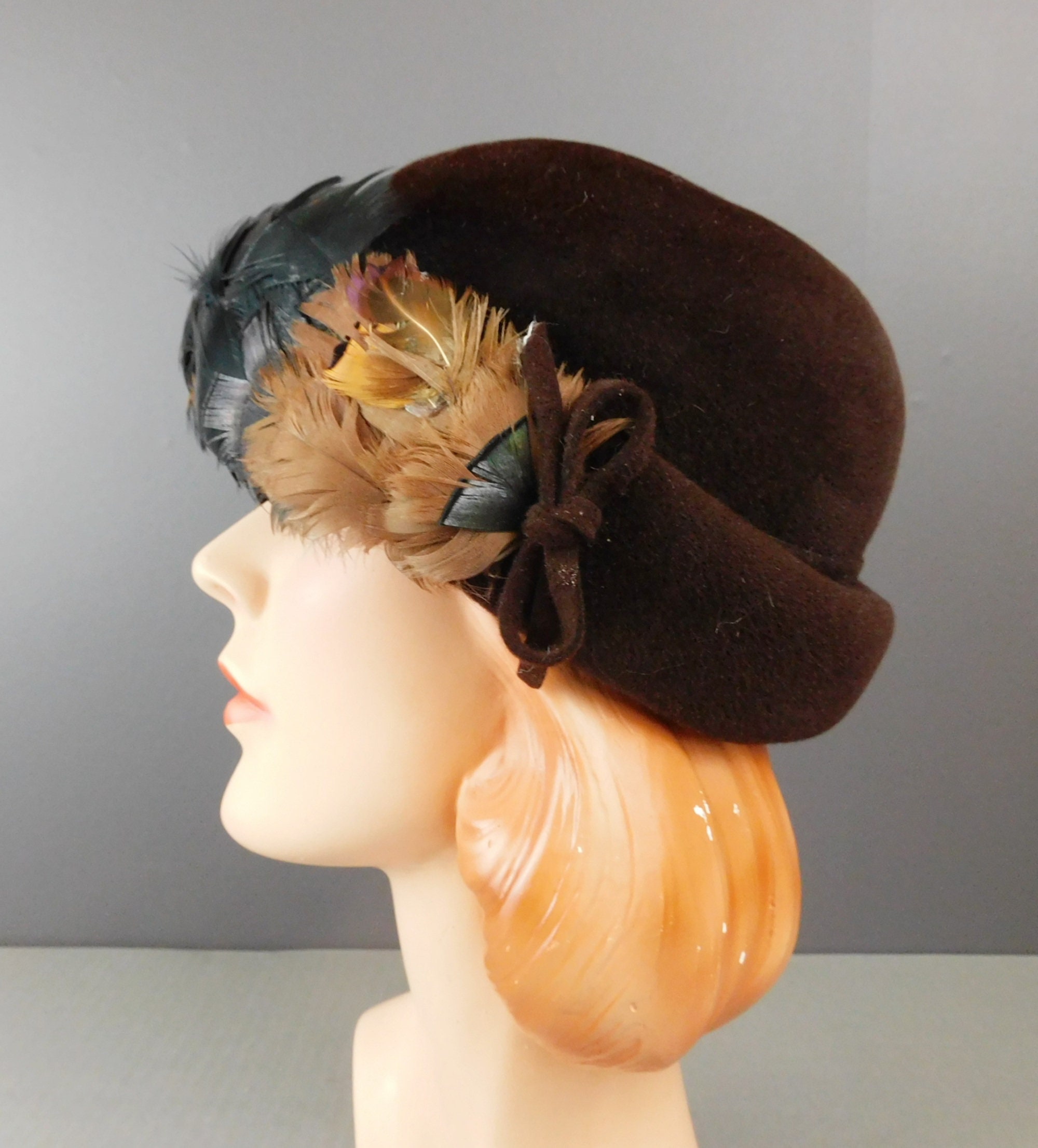 Vintage Brown Velour Hat With Rounded Top and Feathers, 1960s 22-1/2 ...