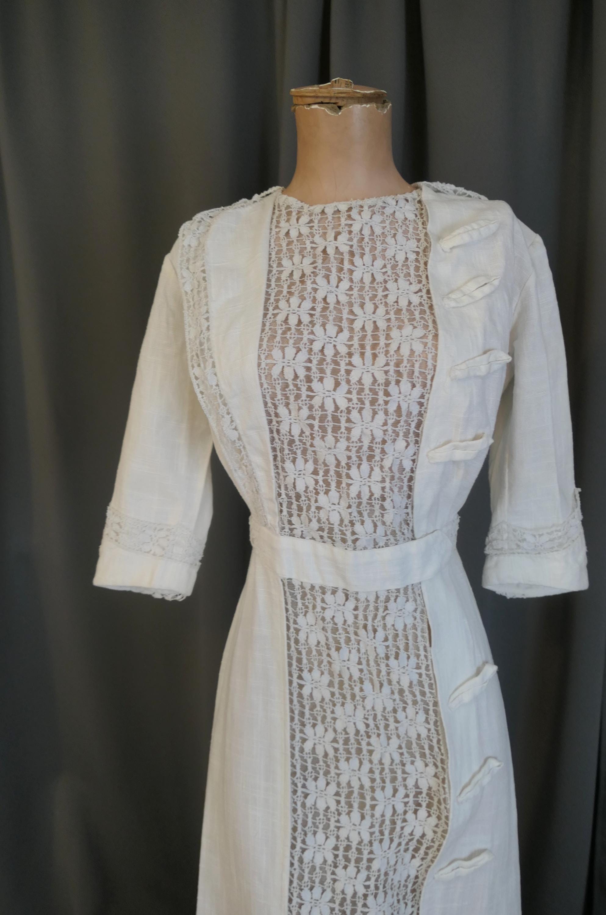 ワンピース 1900s Edwardian Linen Dress Vintage Edwardian 1900s Linen Dress, Lace Down the Front, XS