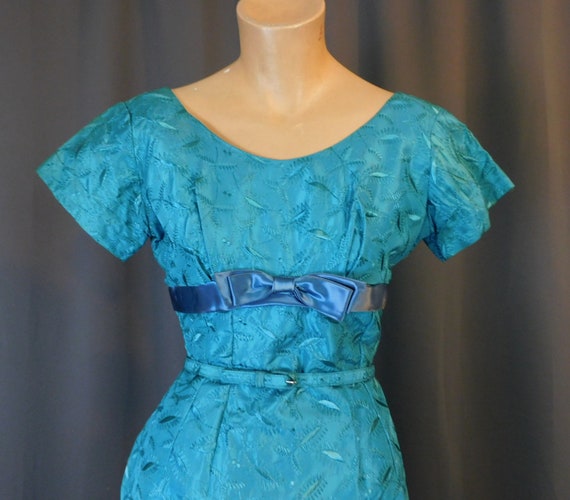 Vintage Embroidered Turquoise Dress 1950s 1960s, XS 3… Gem