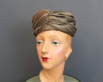 Vintage Velvet & Satin Hat, Light Brown Turban Style, 1960s, 21 inch head