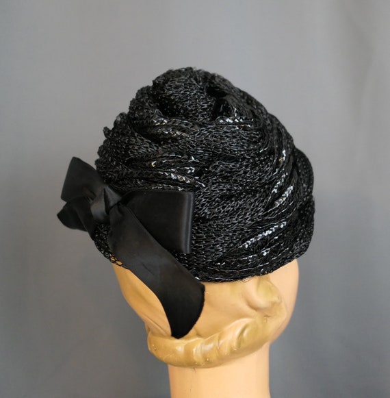 Vintage Black Shiny Hat Straw & Raffia with Satin… - image 7