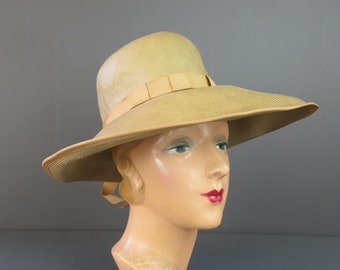 Vintage Beige Straw Hat with Wide Brim, 1960s, 21 inch head by Joy Dorcey