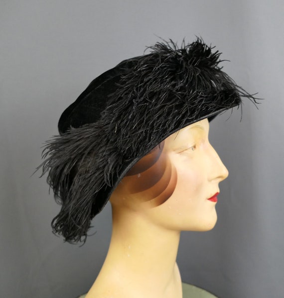 Antique Edwardian 1910s 1920s Hat Black Velvet Wi… - image 4
