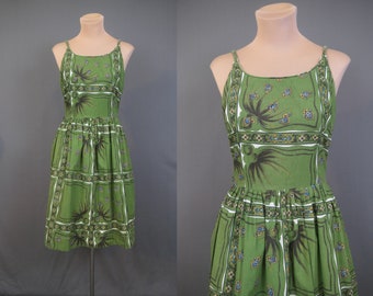 Vintage 1950s Olive Green Strappy Dress, 36 bust, Full skirt, Turquoise & Black Cotton Sundress Summer