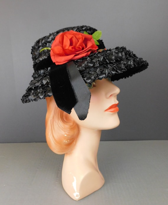 Vintage 1960s Black Straw Wide Brim Hat: Red Rose, Velvet  display picture 1
