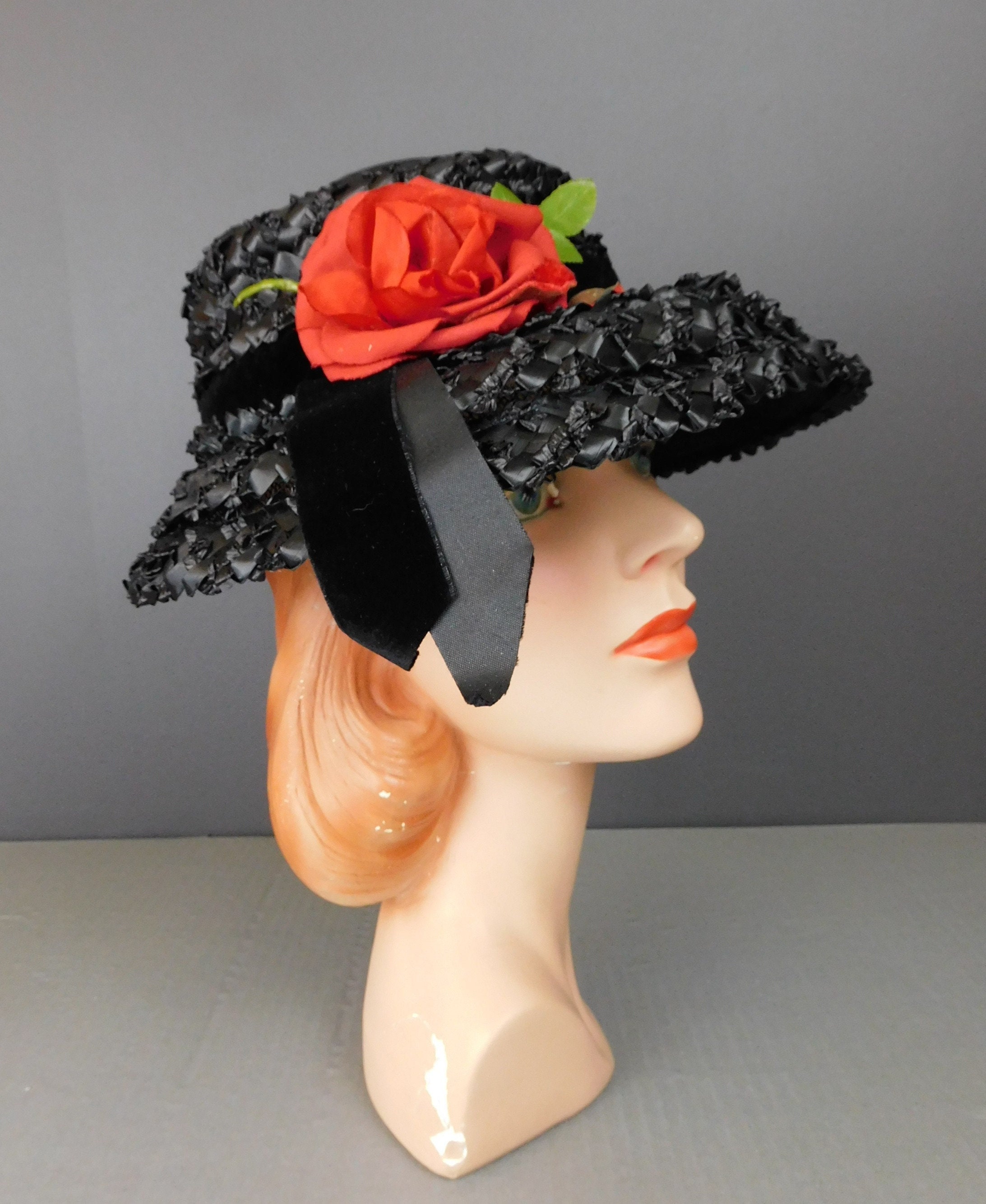 Vintage 1960s Black Straw Wide Brim Hat: Red Rose, Velvet 