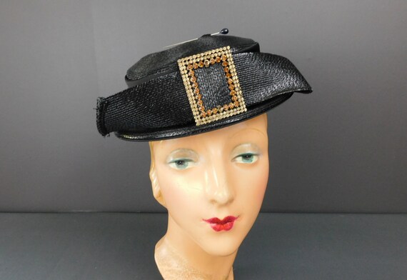 Vintage Black Straw Tilt Hat with Rhinestone Buck… - image 1