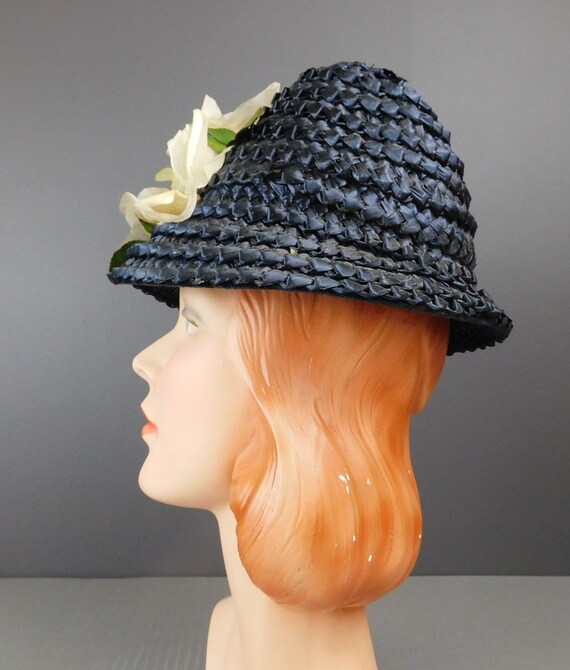 Vintage Tall Dark Blue Straw Hat with Ivory Flowe… - image 8