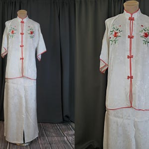 Vintage 1950s White Rayon Pajamas with Coral Embroidery, Japan Souvenir, wide legged pants, 38 bust