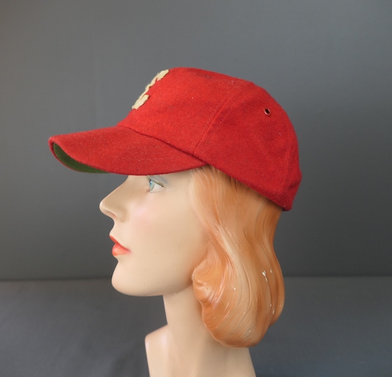 Vintage Red Wool 'C' Baseball Cap Hat, 1950s 1960… - image 7