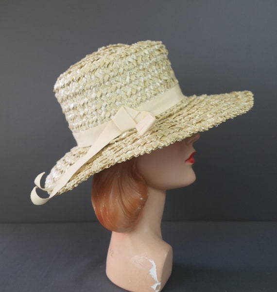 Vintage Ivory Straw Wide Brim Hat, 1960s, 22 inch… - image 4