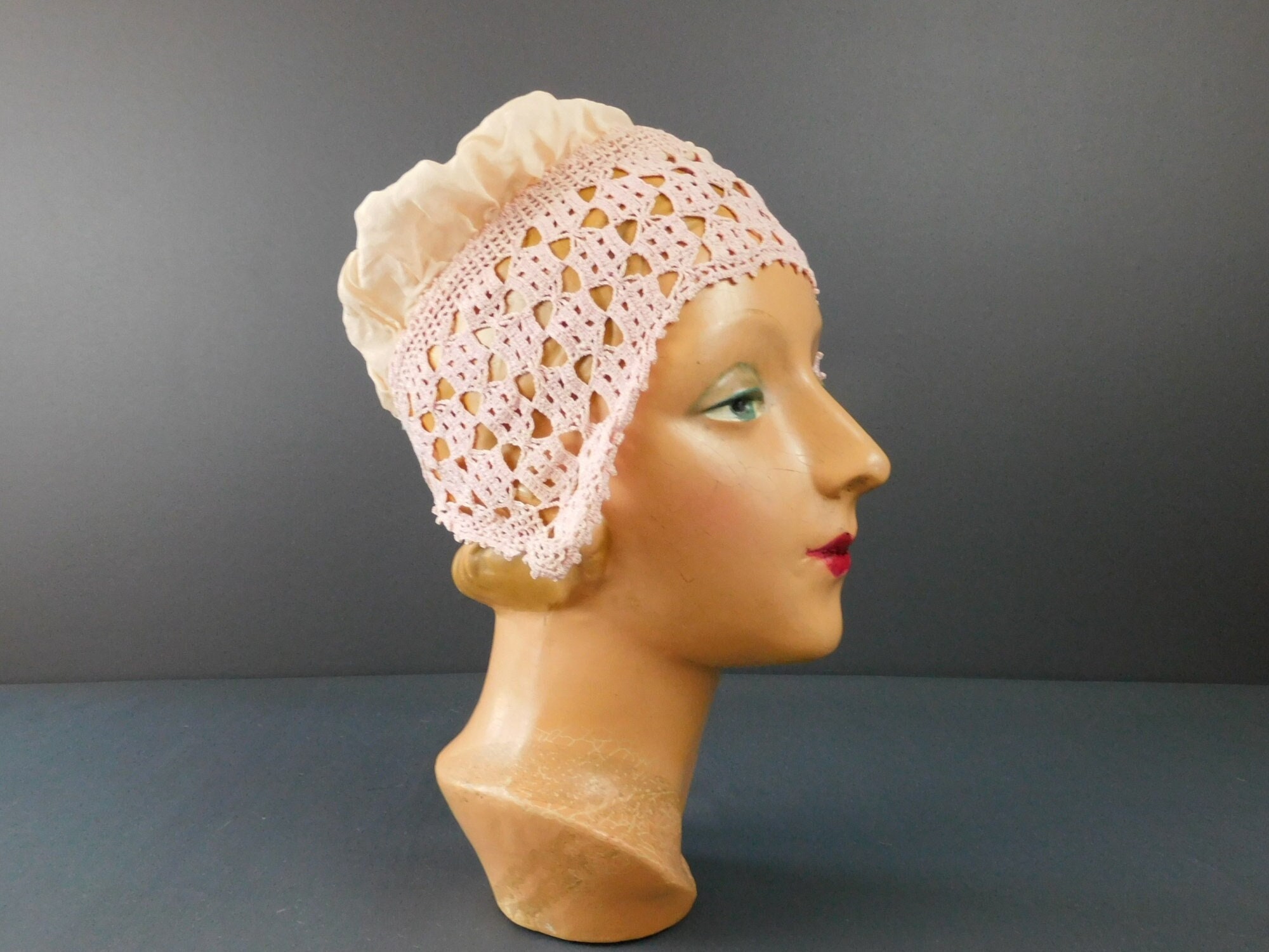 Vintage Crochet and Pink Satin Boudoir Cap, Early 1920’s il_fullxfull.6661072237_5chk.jpg main image 2