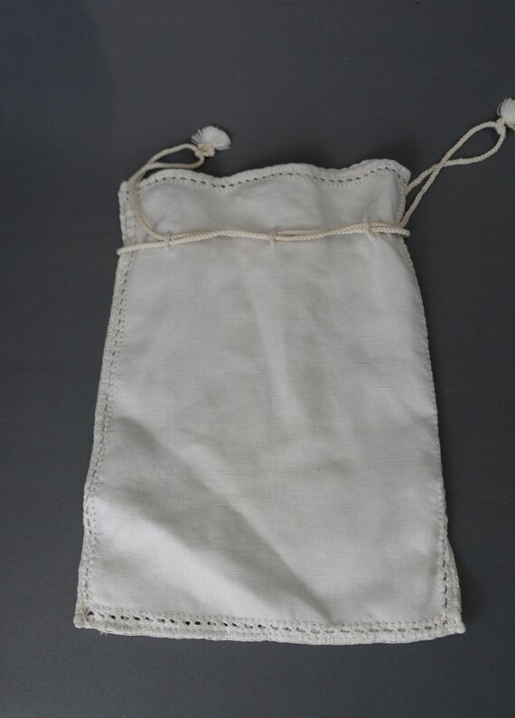 Antique Embroidered Linen Bag with Drawstring, Ed… - image 10