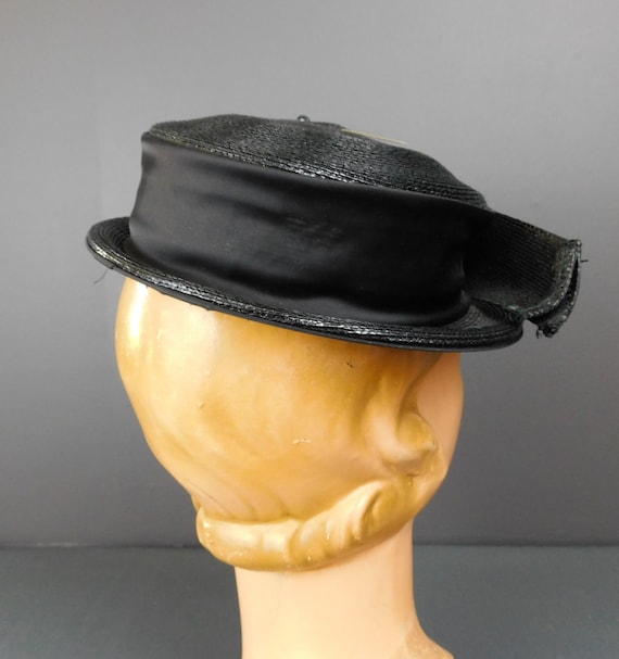 Vintage Black Straw Tilt Hat with Rhinestone Buck… - image 4