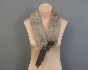 Vintage 2 Fur Stole, Grey Beige 1940s, 40 inches long