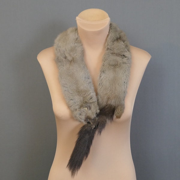 Vintage 2 Fur Stole, Grey Beige 1940s, 40 inches long