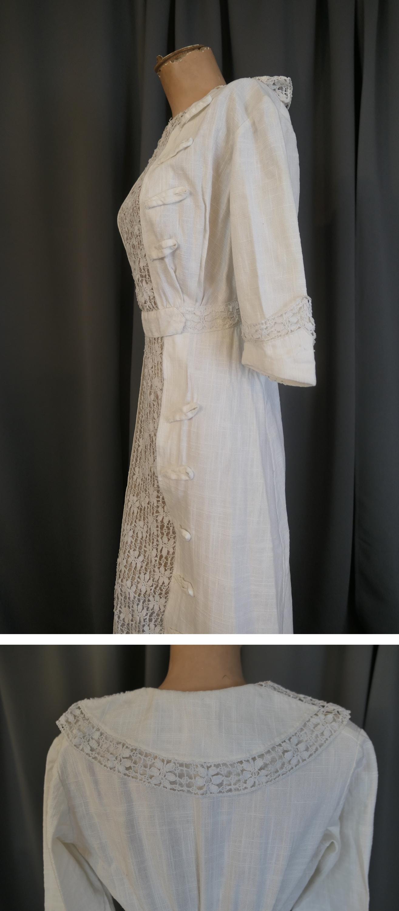 Vintage Edwardian 1900s Linen Dress, Lace Down the Front, XS