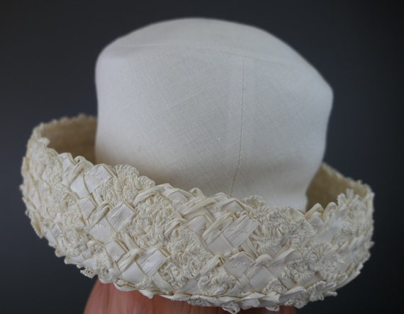 Vintage Ivory Straw & Fabric Hat with Curled Brim… - image 9