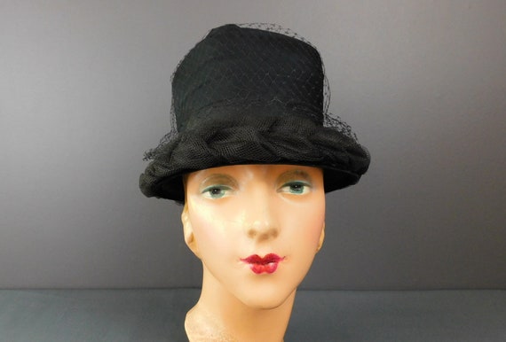 Vintage Black Chiffon and Braided Tulle Hat, 1960… - image 2