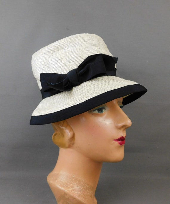 Vintage Ivory Straw Hat with Black Trim, Soft Bri… - image 2