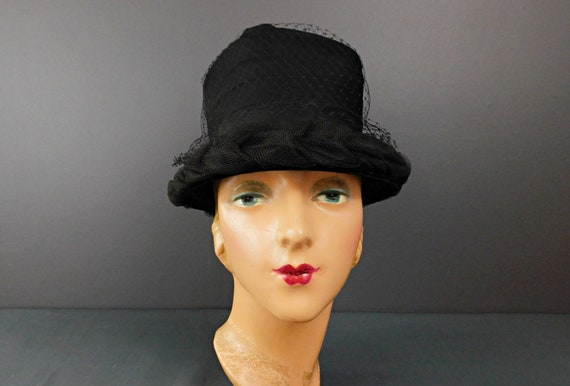 Vintage Black Chiffon and Braided Tulle Hat, 1960… - image 1