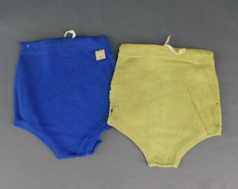2 Little Boy's Wool Swimsuits, DAMAGED 1930s Blue and Chartreuse