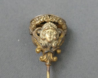 Antique Edwardian Lady Face Hat Pin, 1900s Art Nouveau, 7-3/4 inches long