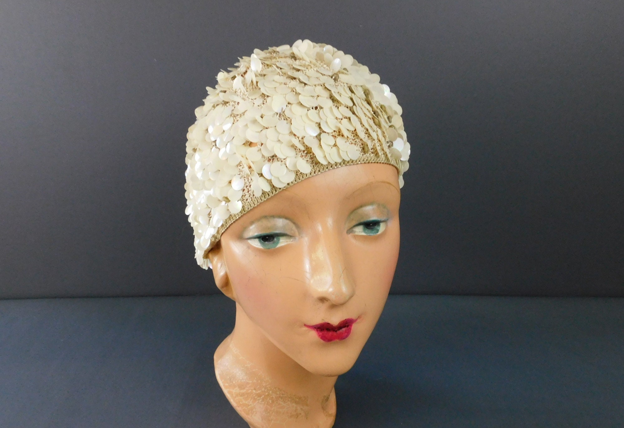 Vintage Sequin Spangles Crochet Hat 1960s, 21 to 23 Inch