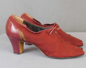 Vintage 1930s Burgundy Gabardine Shoes, Peep Toe & Cut Outs, with issues, US size 8AAA