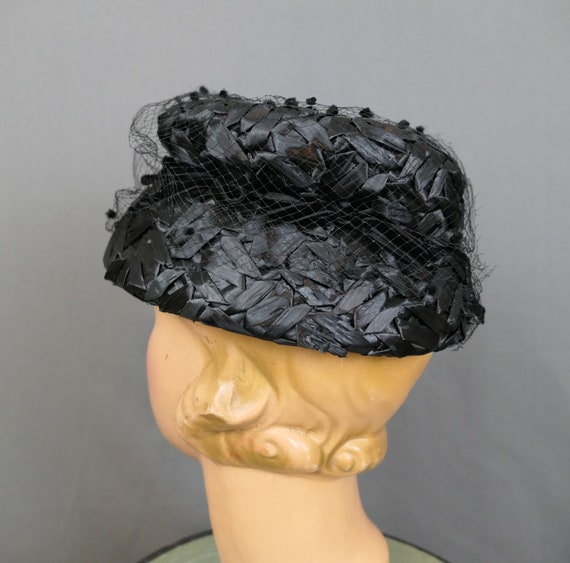 Vintage Black Raffia Straw Bucket Hat, 1960s with… - image 7