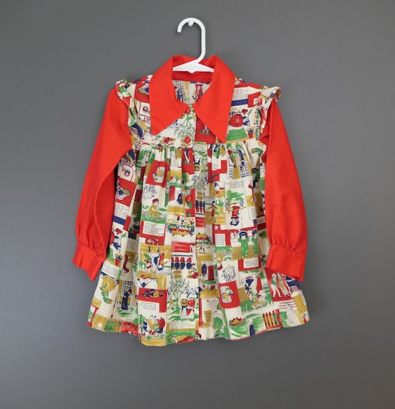 Vintage Little Girl Nursery Rhymes Dress, 1980s, Novelty Print