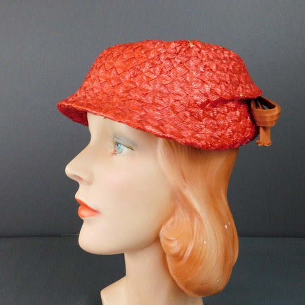 Vintage Red Straw Hat with Ribbon in the back, late 1940s