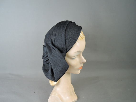 Vintage Black Straw Hat, 1950s Skull Cap with Drap