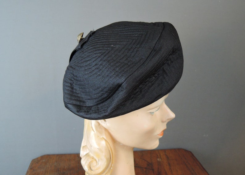 Vintage Black Fabric Hat 1960s by Lora With Gold Button Fits | Etsy