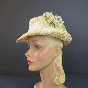 Vintage Yellow & White Straw Hat with Flowers, 1960s Mr. John, 21 inch head