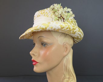 Vintage 1960s Bouffant Hat: Lemon Yellow Cello, White Flower  display picture 1