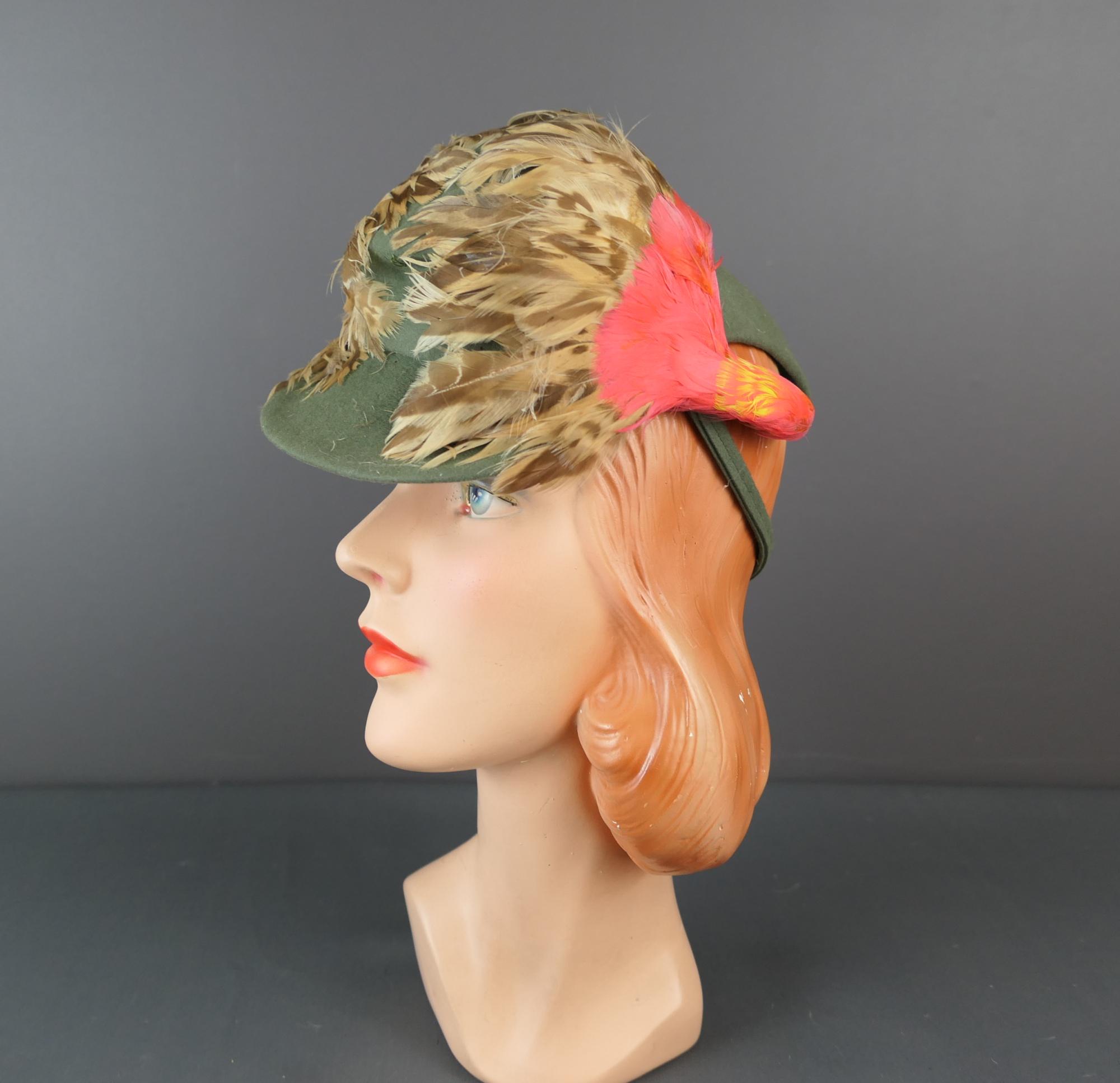 MAJESTIC DESIGNER 1940s\' GREEN FELT TILT HAT + CURLY FEATHERS + VELVET BOWS/VEIL il_fullxfull.3678209523_mqsk.jpg main image 3