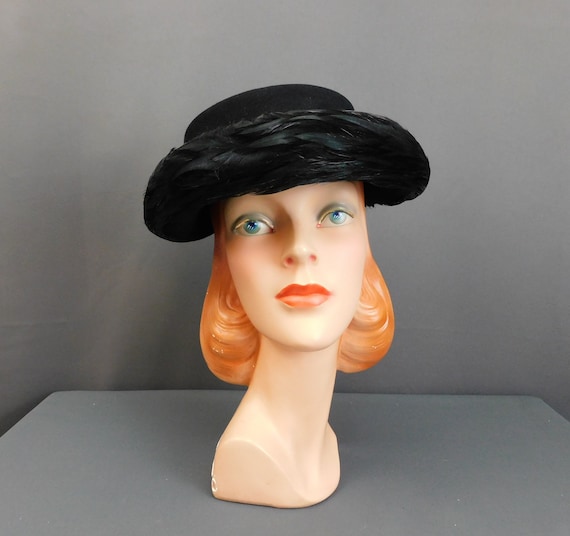 Vintage 1940s Black Feather Hat Felt, New York Cr… - image 2