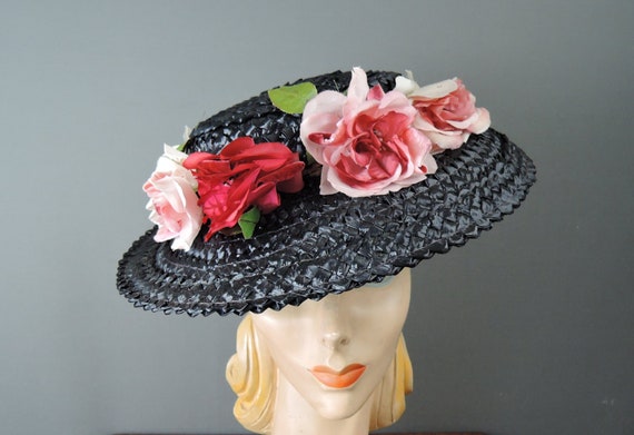 Vintage Pink Floral Black Straw Hat Wide Brim 1950