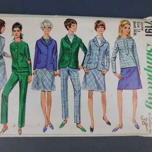 Vintage 1960s Jacket, Blouse, Skirt & Pants Pattern, Simplicity 7191, XS 31 bust Junior, uncut