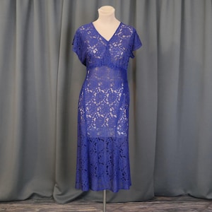 Vintage 1930s Blue Lace Dress, All Sheer Rayon, 36 bust, 1940s, some issues