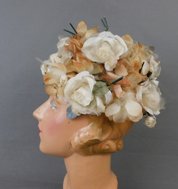 Vintage Ivory and Beige Floral Hat 1960s, Modern … - image 6