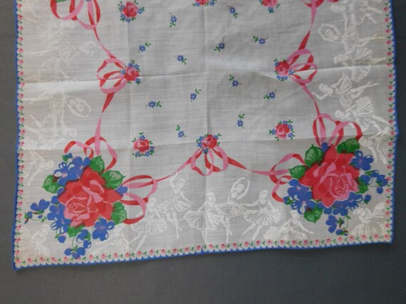 2 Vintage Ballerinas & Flowers Hankies, 1950s Pin… - image 4