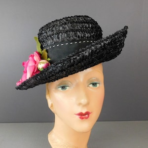 Vintage Black Straw Wide Brim Hat with Pink Rose, Black & White Ribbon, 21 inch head 1960s