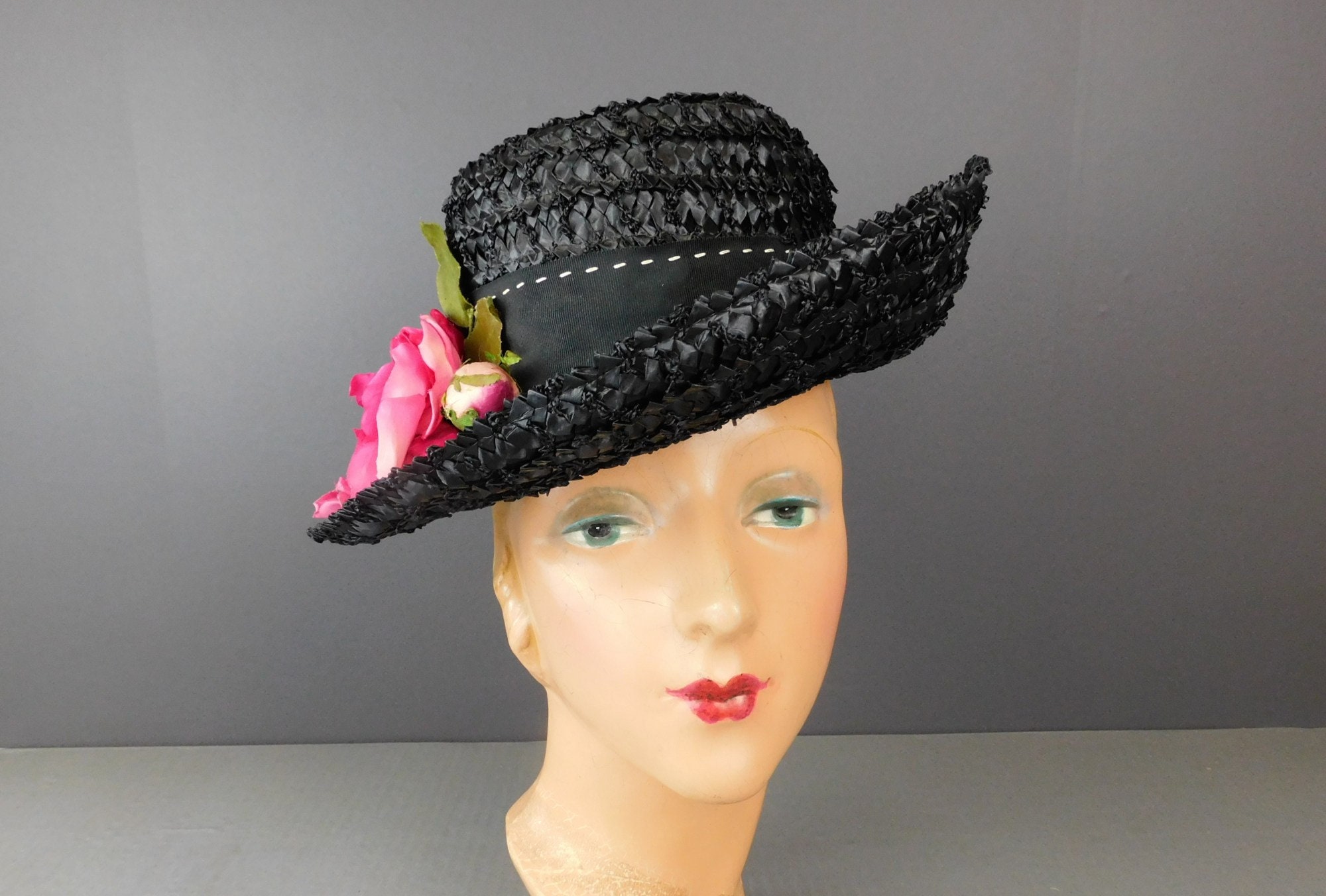 Vintage 1960s Black Straw Wide Brim Hat With Pink Rose - Etsy display picture 2