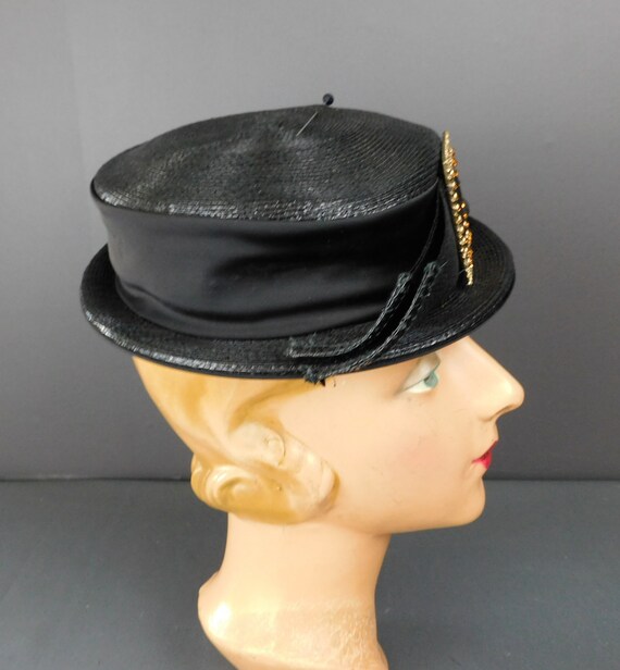 Vintage Black Straw Tilt Hat with Rhinestone Buck… - image 3